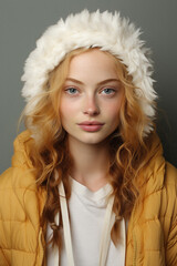 Portrait of a beautiful young woman in winter clothes. Studio shot .
