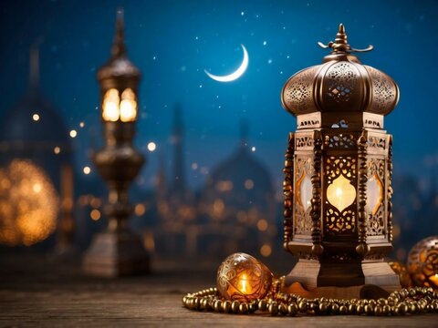 Muslim holiday in the holy month of Ramadan Kareem. The backdrop is beautiful with the shining lanterns of Fanus and the faint backdrop of the mosque