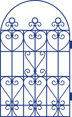 Blue wrought iron gate with ornate swirls and geometric designs. Elegant metal entrance arch vector illustration.