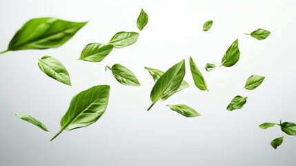 A group of soaring basil leaves against a white backdrop, close up, raw food, falling, Generative AI.