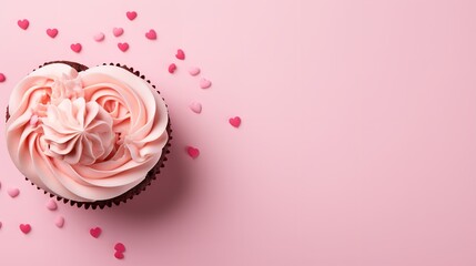 A set of pink cupcake muffins with a heart, isolated on a pink background, perfect for Valentine's Day, Generative AI.