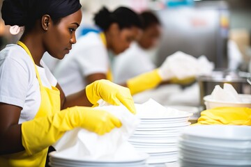 Black woman washing dishes in bright industrial kitchen with white tableware and yellow gloves