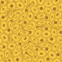 Hand drawn stack of endless old Chinese gold coins seamless pattern background