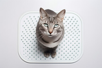 Cat Sitting on Bathroom Scale, An Adorable Feline Curiously Explores Its Weight