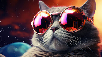Cat Wearing Red Sunglasses in Space