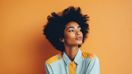 Obraz na płótnie Canvas Young beautiful african american woman with curly hair posing cheerful on orange background, lifestyle people concept