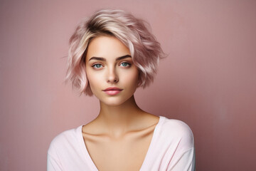 Portrait of a beautiful young woman with pink hair on a pink background
