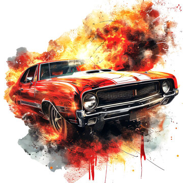 Muscle Car on Fire.  Generated Image.  A digital illustration of a vintage t-shirt design of a muscle car on fire.