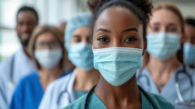 Medical team with masks standing together.