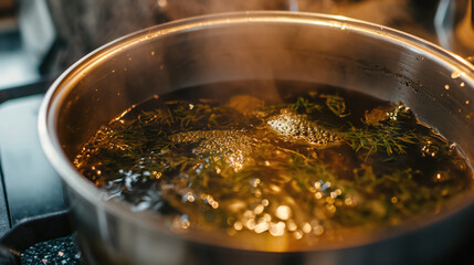 Pot of soup with fresh herbs simmering.