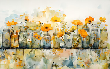 Yellow Blossoms: A Photo of a Row of Glass Jars Filled with Flowers