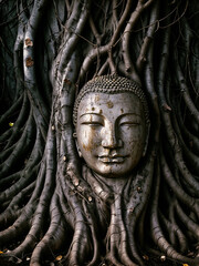 Fototapeta na wymiar The head of a smiling Buddha, entwined with the roots of a sacred tree.