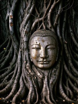 The head of a smiling Buddha, entwined with the roots of a sacred tree.