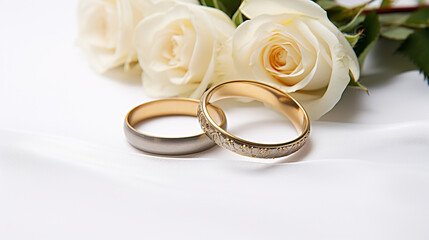 flowers and two simple golden wedding rings on white background