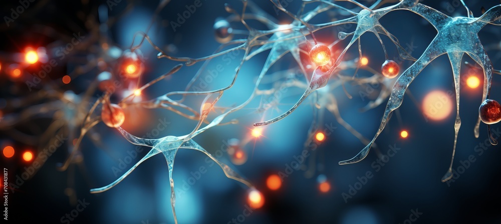 Poster vibrant neuron cells on abstract backdrop representing neuroscience and neural connections