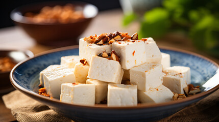 Delicious white tofu on a plate with blur background