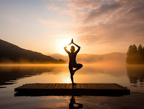 Woman Practicing Yoga on Dock at Sunset