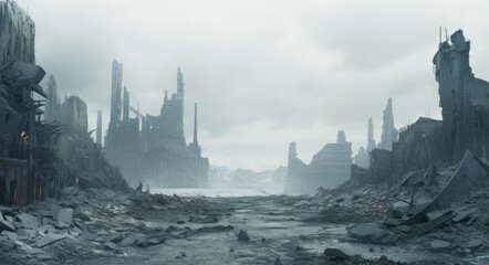 Apocalyptic Futuristic City in Darkness - Abandoned and Depressing Urban Landscape