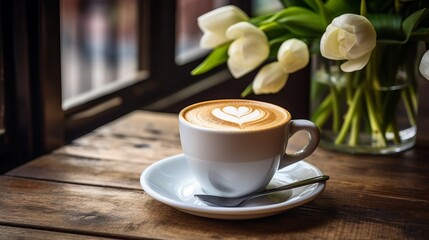 Latte coffee cup with tulip art on foam, top viewWooden table with spring background. - obrazy, fototapety, plakaty