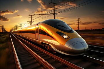 Naklejka premium Sleek and modern high speed train rushing along the tracks with dramatic motion blur effect