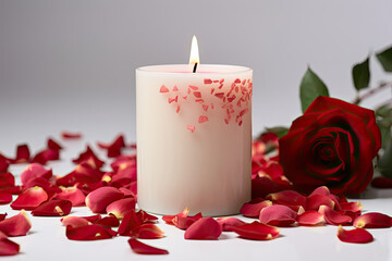 White Candle Surrounded by Rose Petals and Petals