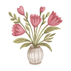 hand drawn pink tulips in the shape of hearts on vase, Valentine's Day, png