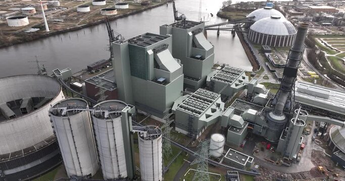 The Moorburg coal fired power station in Hamburg, Germany. Birds eye aerial drone view.