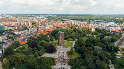 Fototapeta na wymiar Helsingborg, Sweden. Karnan - Surviving 35-meter tower of a medieval castle. Summer day. Cloudy weather, Aerial View