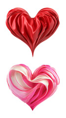 Red and Pink Gorgeous Heart Shaped Drapery Satin Fabric 3D Icons on Transparent Background, PNG file