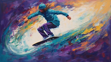 impasto post impressionist skateboarding street art