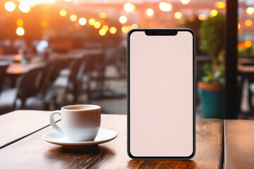 Smartphone with blank screen and coffee cup on wooden table in cafe