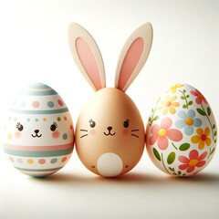 Easter eggs with bunny ears on white background. Happy Easter. Three adorable Easter eggs on a white background 
