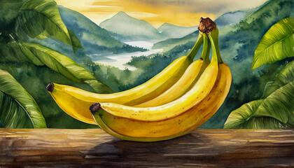 bananas on a wooden table, art design - obrazy, fototapety, plakaty