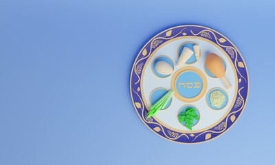 Passover holiday. Passover seder plate with traditional elements. Web banner with place for text. 3d rendering