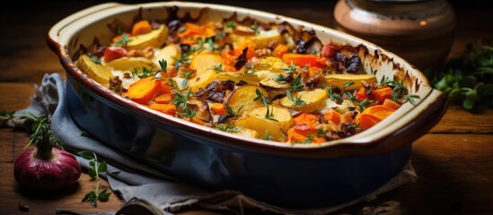 Baked comfort food with sweet potato and various root vegetables.