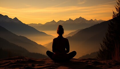 Serene woman practicing yoga in a blissful pose on the breathtaking summit of a majestic mountain