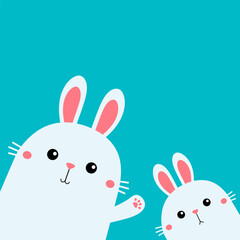 Rabbit bunny set. Happy Easter. Face head in the corner. Cute cartoon kawaii baby character. Funny friends. Farm animal. Paw print hand. Long ears. Blue background. Flat design