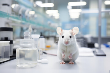 Awareness and healthcare, medicine development, forbidden tests on animals concept. Small white laboratory mouse with dark eyes in on metal lab office looking in camera