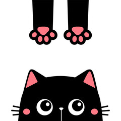 Fototapeta premium Peeking black cat kitten face head silhouette icon. Pink paw print leg. Funny kawaii doodle animal. Cute cartoon funny baby pet character. Sticker print. Flat design. White background.