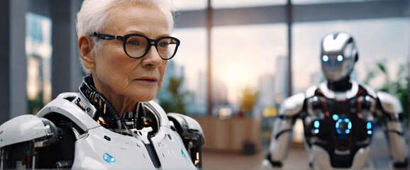 Elderly people and robots live side by side, robot helps an elderly man walk around the house - obrazy, fototapety, plakaty