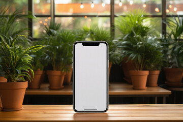 Smartphone with blank screen on wooden table in cafe. Mockup