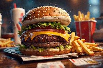 Delicious cheeseburger with french fries on the wooden table. - obrazy, fototapety, plakaty