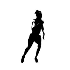 Running woman, isolated vector silhouette, front view