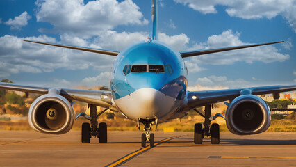 front view of blue and silver commercial airliner taxiing on runway on a beautiful cotton cloud day