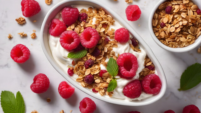 Greek yogurt with raspberries and granola. Top view flat lay Healthy breakfast