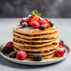 Stack of Pancakes Topped With Berries and Powdered Sugar