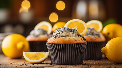 Delicious homemade lemon poppy seed muffins on blurred kitchen background with copy space for text - obrazy, fototapety, plakaty