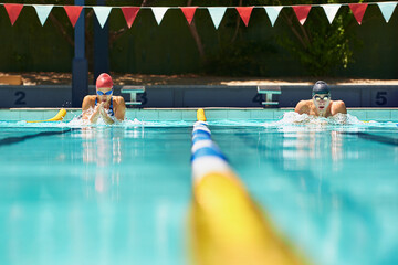 Sports, event or people in swimming pool for competition training, workout or fitness together....