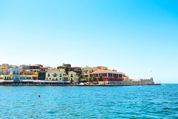Fototapeta na wymiar View of sunny venetian bay in Chania