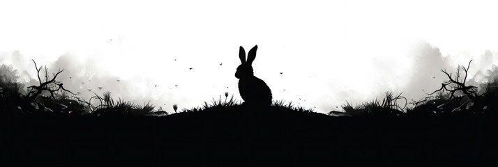 Silhouette of Rabbit Sitting in Grass